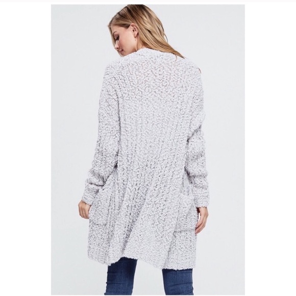 Soft Gray Knit Long Popcorn Cardigan w/ Pockets - Picture 3 of 3